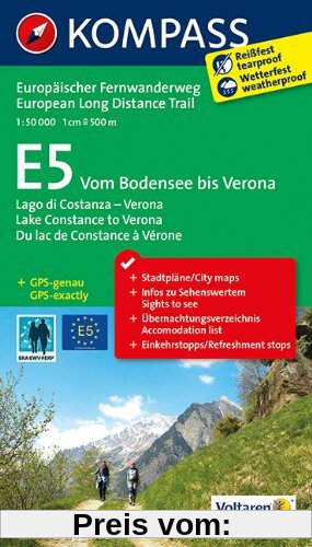 E5 Vom Bodensee bis Verona: Wander-Tourenkarte. GPS-genau. 1:50000